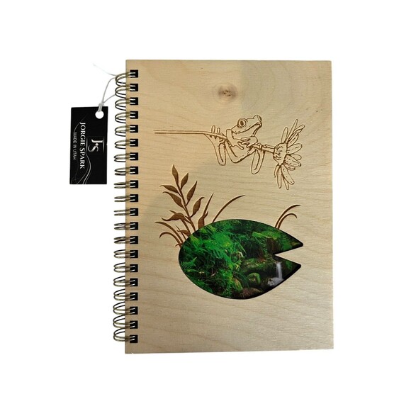 Frog Lily Pad Wooden Covered Notebook/Journal 5x7 Laser 80 Pages New W Tags - Picture 1 of 5